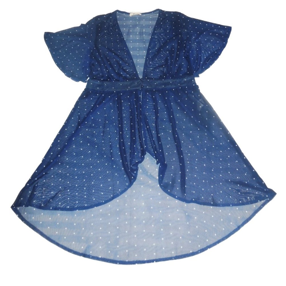 Blouse NEW Blue Polka Dot Sheer Cardigan Duster Top Short Sleeve blue shrug